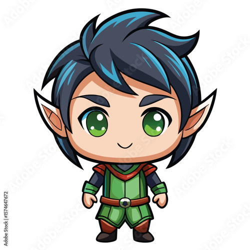 Cute cartoon elf character, smiling, green tunic