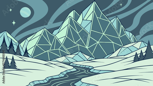Icy mountain hills made of shattered blue glass, aurora reflections on frozen surfaces, geometric ice formations, ethereal silver light, fantasy matte painting