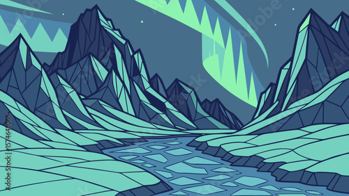 Icy mountain hills made of shattered blue glass, aurora reflections on frozen surfaces, geometric ice formations, ethereal silver light, fantasy matte painting