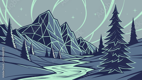 Icy mountain hills made of shattered blue glass, aurora reflections on frozen surfaces, geometric ice formations, ethereal silver light, fantasy matte painting