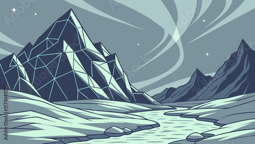 Icy mountain hills made of shattered blue glass, aurora reflections on frozen surfaces, geometric ice formations, ethereal silver light, fantasy matte painting