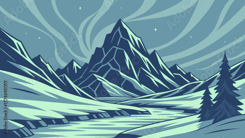 Icy mountain hills made of shattered blue glass, aurora reflections on frozen surfaces, geometric ice formations, ethereal silver light, fantasy matte painting