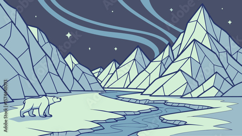 Icy mountain hills made of shattered blue glass, aurora reflections on frozen surfaces, geometric ice formations, ethereal silver light, fantasy matte painting