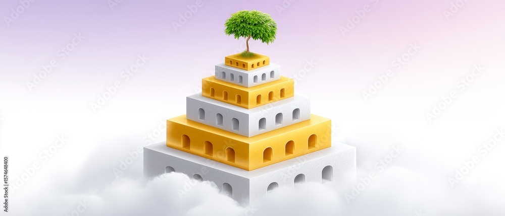 Naklejka premium Isometric illustration of a pyramidal structure surrounded by clouds conceptual nature environment digital art