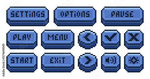 Interface menu pixel buttons. Video game UI navigation panel, retro 8 bit sprite game app icons play pause menu settings options exit. Old school game symbols. Vector isolated set