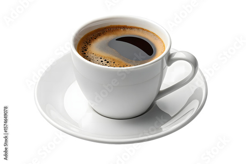White coffee cup with saucer filled with black coffee showing golden foam and surface bubbles, isolated on a transparent background