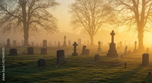 A foggy graveyard at dawn, where tombstones and trees appear in silhouette beneath the gentle sunrise glow.
