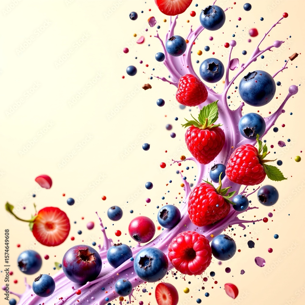 Fototapeta premium artistic splash of blueberries and raspberries falling through air, frozen motion, light beige background with space above for text