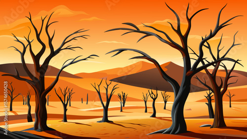 Sossusvlei, Namibia – Dead camelthorn trees contrast black silhouettes against orange dancing dunes. The stark beauty of desert artistry emerges.