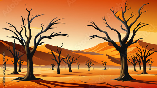 Sossusvlei, Namibia – Dead camelthorn trees contrast black silhouettes against orange dancing dunes. The stark beauty of desert artistry emerges.