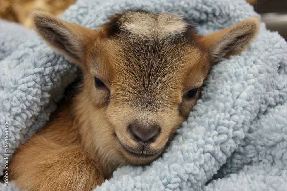 Fototapeta premium Baby goat relaxing in soft blue blanket