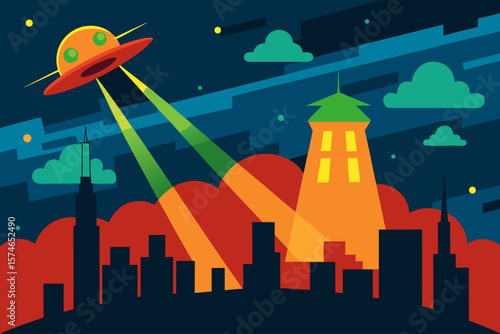 Urban skyline vector illustration: dark city towers under a moonlit night sky