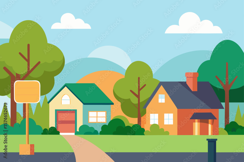 Naklejka premium Cartoon vector landscape illustration of a village with houses and a home on a hill, featuring sky, trees, and grass, perfect for summer design