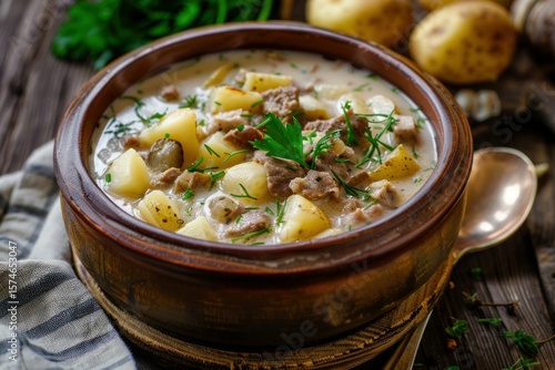 Fototapeta Naklejka Na Ścianę i Meble -  Creamy soup with potatoes, meat, wild mushrooms, dill and parsley served in rustic bowl