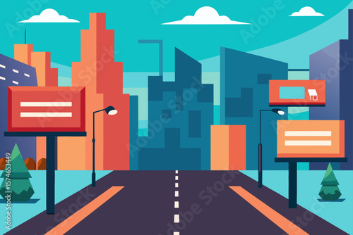 Cartoon vector illustration of a bustling city street with buildings and urban architecture