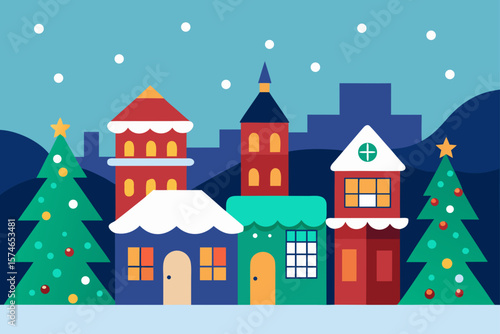A charming cartoon winter village with snow-covered houses and a whimsical castle under a night sky, perfect for a Christmas card illustration