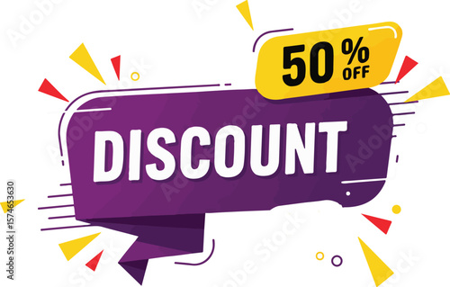 Vector art of a vibrant purple banner announces a 50 off discount isolated on transparent background