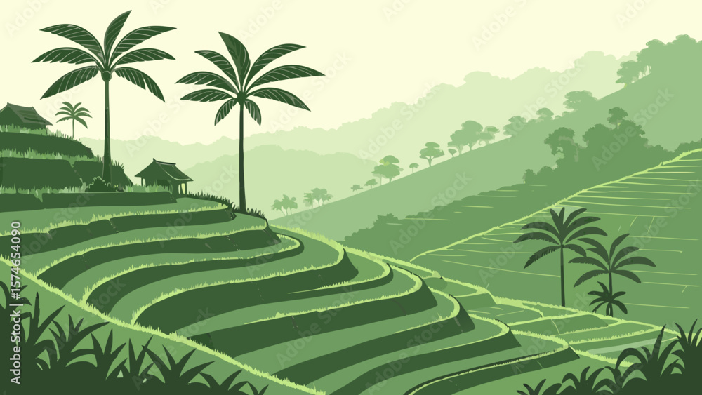 Obraz premium Lush green terraced rice paddies cascading down mountain hills in Bali, tropical palm trees, mist rising from valleys, morning light, detailed landscape photography