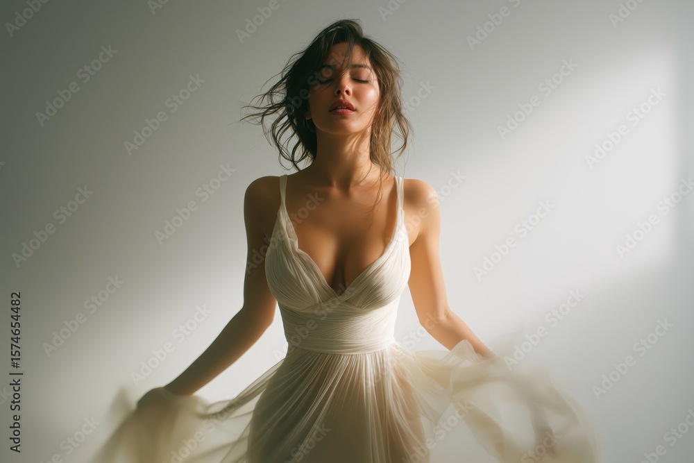 Fototapeta premium Woman in Flowing Dress Stands Peacefully in White Minimal Space