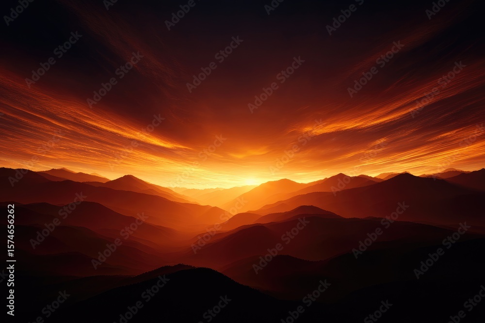 Fototapeta premium Fiery sunset over a mountain range.