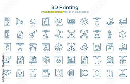 3D Printing line icon pack. 3D Printing Stroke icon set. Editable Stroke icon