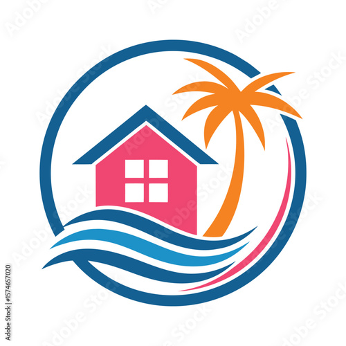 Pink house with palm tree and waves in a circle blue orange