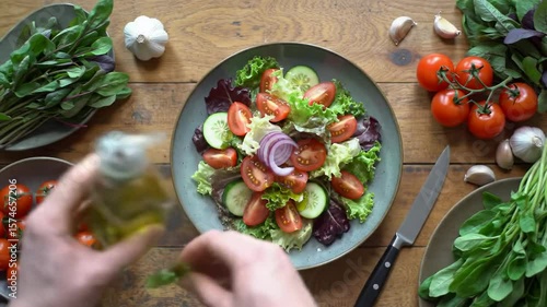 Fresh Ingredients Arranged on Rustic Table with Hands Adding Final Touches to Colorful Salad