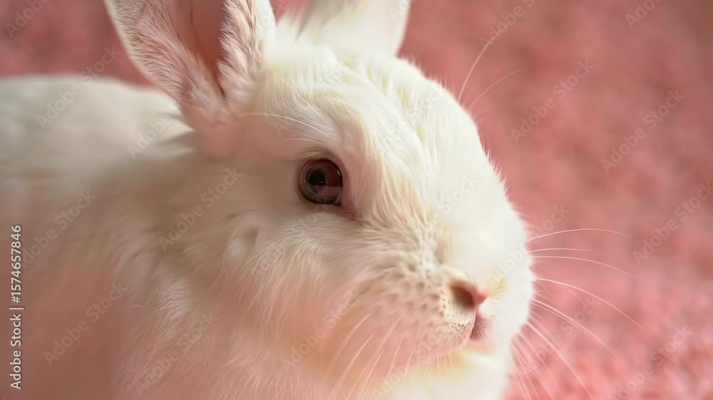 Close-up of a fluffy white rabbit on a soft pink background Close-up of a fluffy white rabbit on a soft pink background