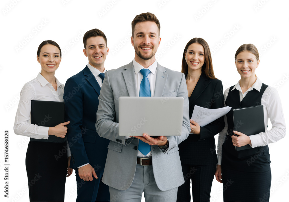 Confident Business Team Holding laptop on Transparent Background, PNG format Confident Business Team Holding laptop on Transparent Background, PNG format