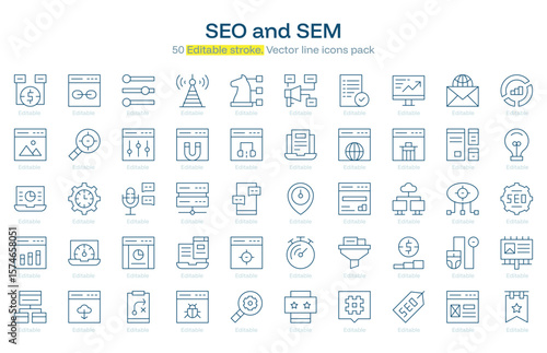 SEO and SEM line icon pack. SEO and SEM Stroke icon set. Editable Stroke icon
