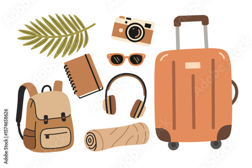 Travel essential items including suitcase, backpack, camera, sunglasses, headphones, journal, rolled blanket, and tropical leaf. Perfect for vacation, packing list, or travel content.