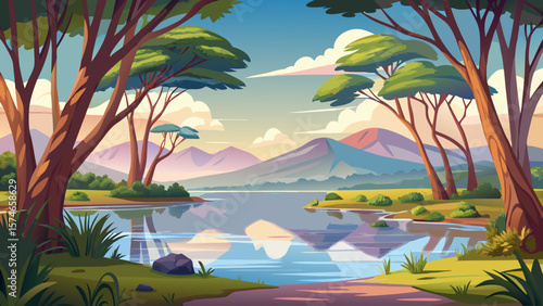 Lake Nakuru, Kenya – Calm lakeshore meets reflective waters, framed by towering eucalyptus trees. Soft ripples and gentle light create a tranquil atmosphere, ideal for vector-ready natural scenery