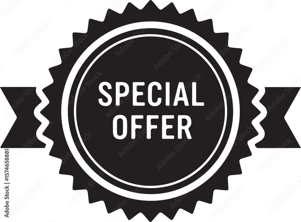 Vector art of special offer badge with ribbon, presented in black and white isolated on transparent background Vector art of special offer badge with ribbon, presented in black and white isolated on transparent background