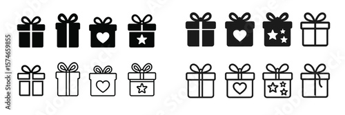 Variety of gift box designs in black and white showcasing various festive shapes and styles for occasions