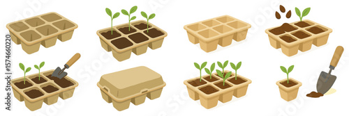 Seedlings emerge from soil in eco-friendly planters at a gardening workshop on a sunny afternoon in spring