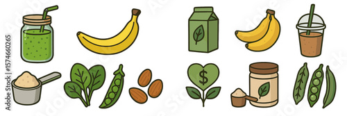 Assorted healthy ingredients and foods showing smoothies, fruits, and natural supplements in colorful illustrations