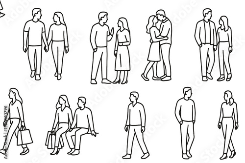 Couples and individuals engaging in various activities in a line art illustration setting