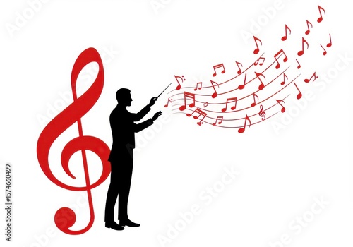 Conductor leading a cascade of red musical notes with a treble clef isolated on white background