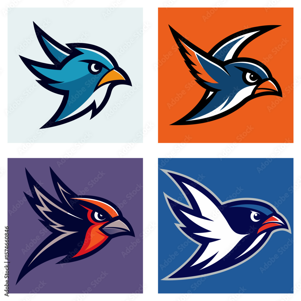 Fototapeta premium Four stylized bird head logos in different color schemes and backgrounds in a square format layout