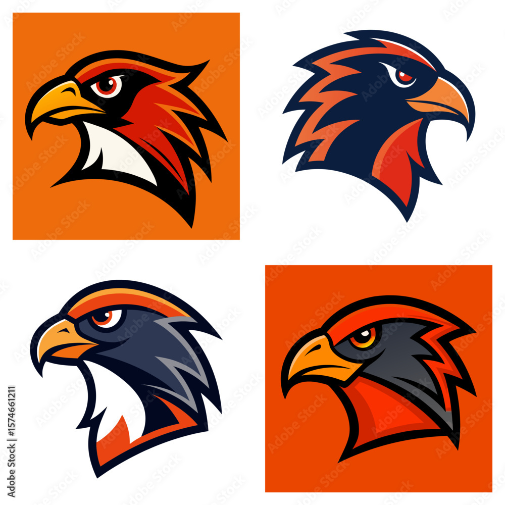 Fototapeta premium Four stylized hawk head illustrations with different color schemes and background variations
