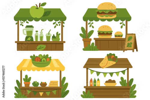 Colorful food stalls at a vibrant market offer fresh produce and delicious snacks in a lively outdoor setting