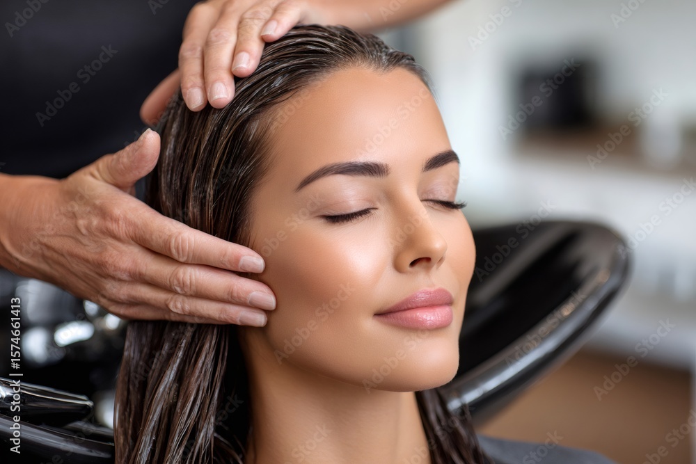 Fototapeta premium Hairdresser applying hair mask to client in beauty salon