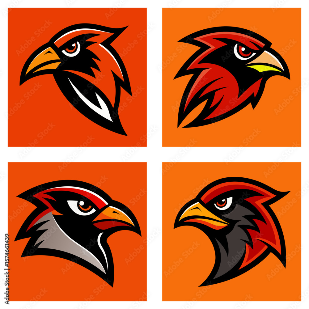 Fototapeta premium Four square panels displaying stylized cardinal head designs on an orange background color pattern image