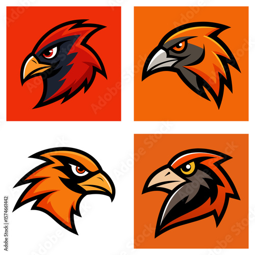 Four square images showcasing stylized hawk heads in various color schemes and background colors