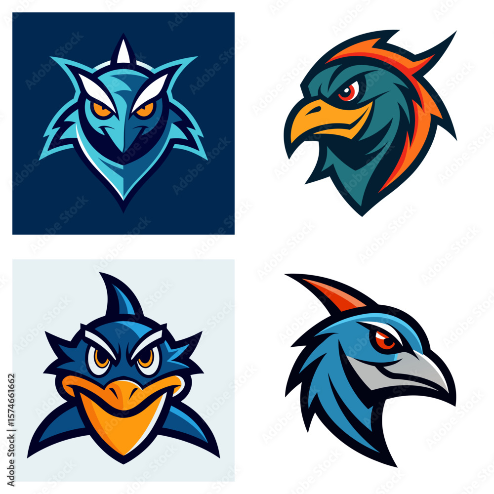 Obraz premium Collection of four stylized bird mascot logos featuring eagles owls and other avian creatures displayed together