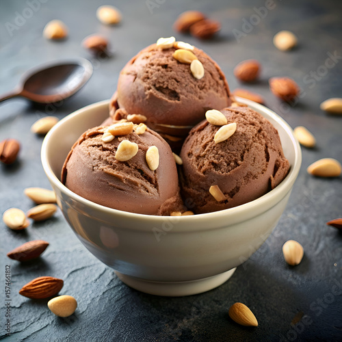 Chocolate ice cream scoops topped with almonds and peanuts in a white bowl on a dark surface. Delicious dessert treat for a customer.
