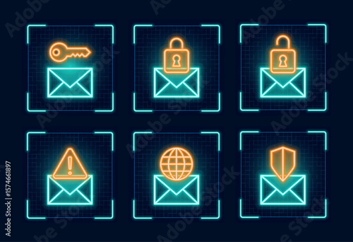  Web mail security symbol set, cyber neon visual, glowing border grid vector.
