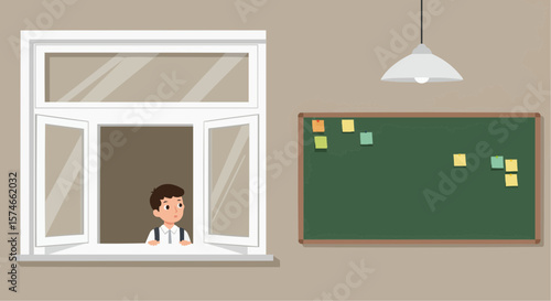 Curious Schoolboy Peeking Through Window 
