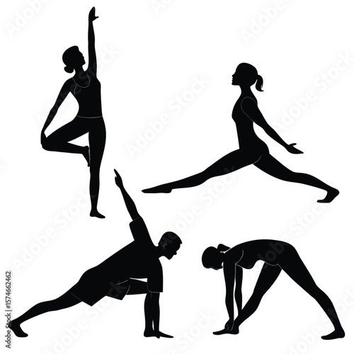 Black silhouette of various yoga poses performed by two women and one man clearly displayed