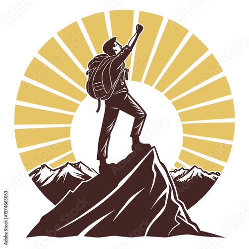Hiker on a mountaintop raises his hand in victory as he conquers nature's challenge